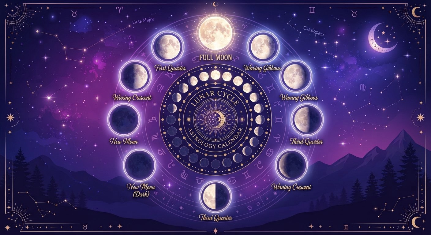 Détail astrologique : Influence pleine lune et nouvelle lune : guide complet — symboles du zodiaque et cosmos