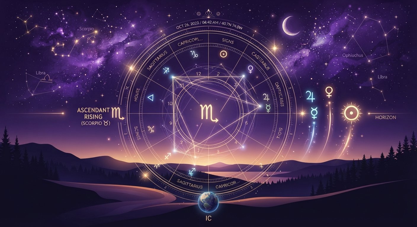 Détail astrologique : Comment calculer son ascendant ? Guide complet pour débutants — symboles du zodiaque et cosmos