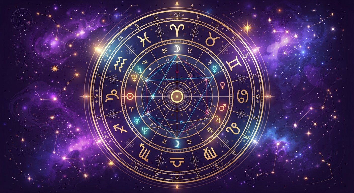 Détail astrologique : Qu’est-ce que le thème astral ? Guide complet pour débutants — symboles du zodiaque et cosmos