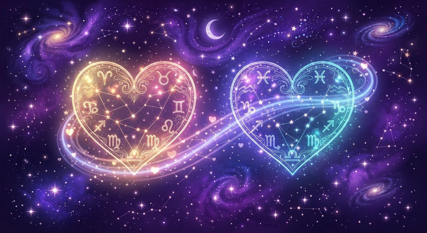 Détail astrologique : Compatibilité amoureuse entre signes astrologiques : le guide complet — symboles du zodiaque et cosmos