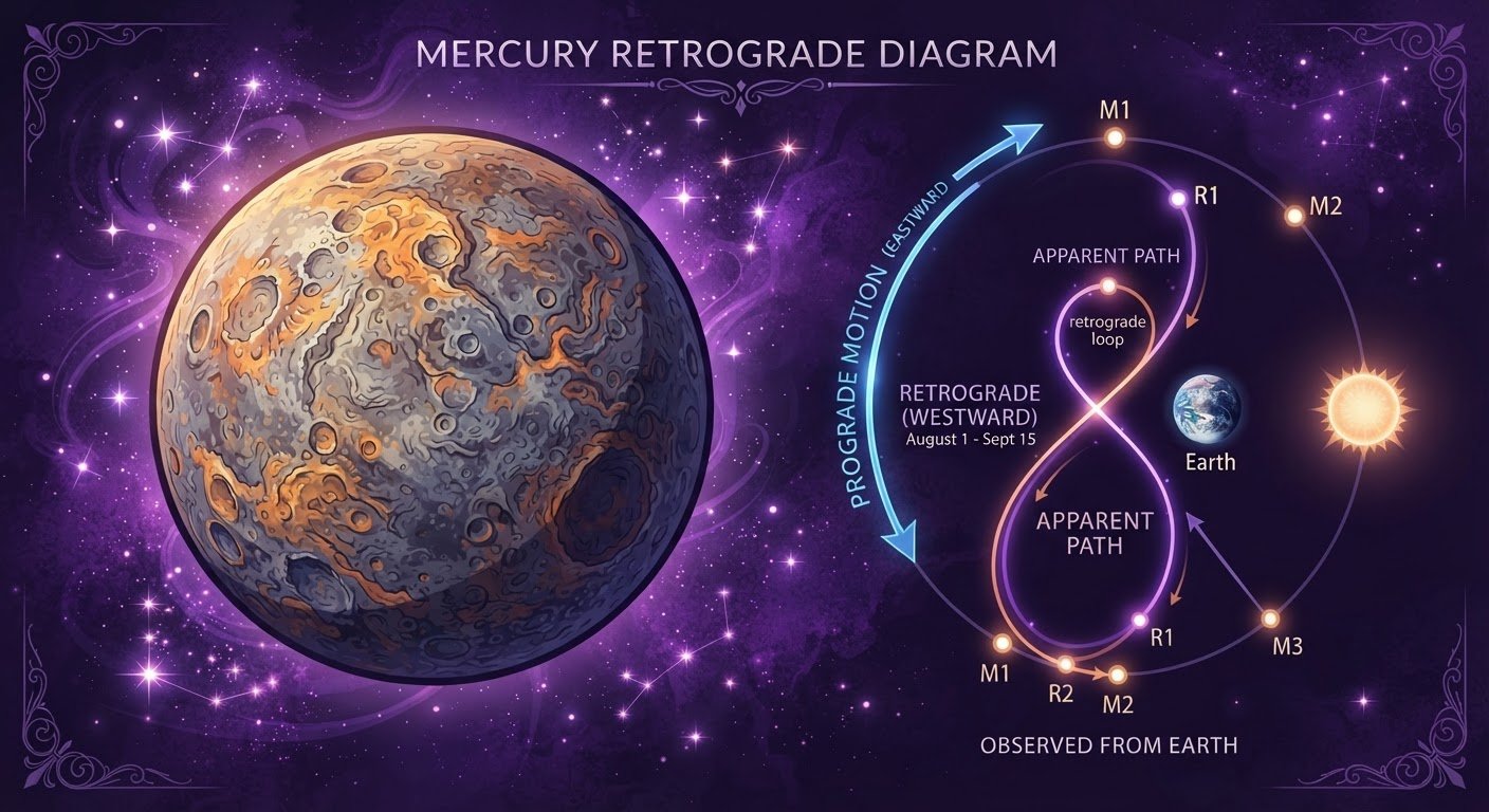 Détail astrologique : Mercure rétrograde 2026 : dates, effets et conseils par signe — symboles du zodiaque et cosmos
