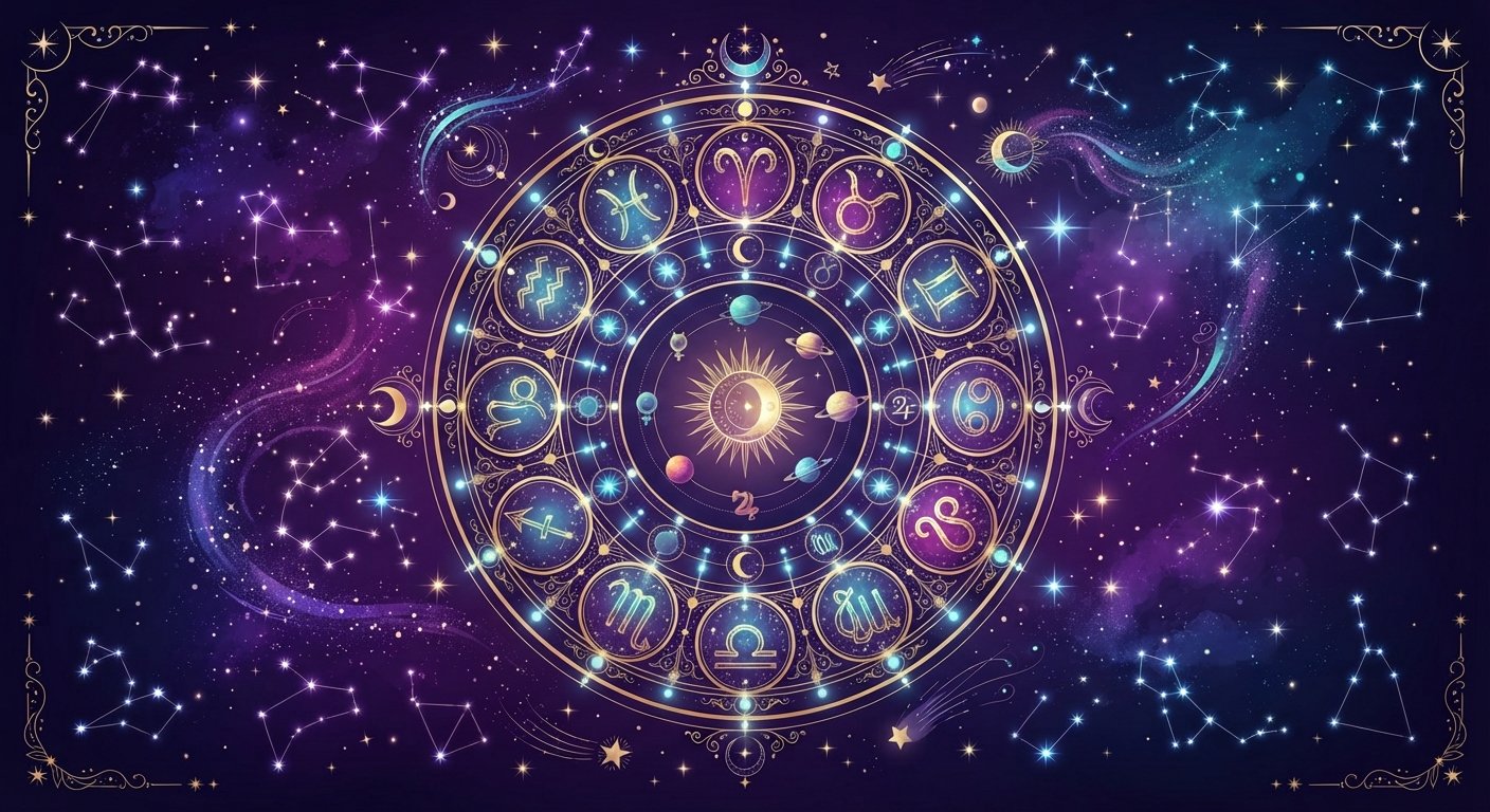 Détail astrologique : Les éléments astrologiques : Feu, Terre, Air et Eau — quel est le vôtre ? — symboles du zodiaque et cosmos