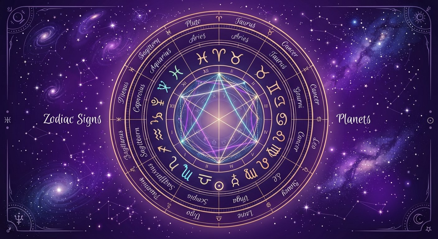 Détail astrologique : Comment lire son thème astral soi-même : guide pas à pas — symboles du zodiaque et cosmos