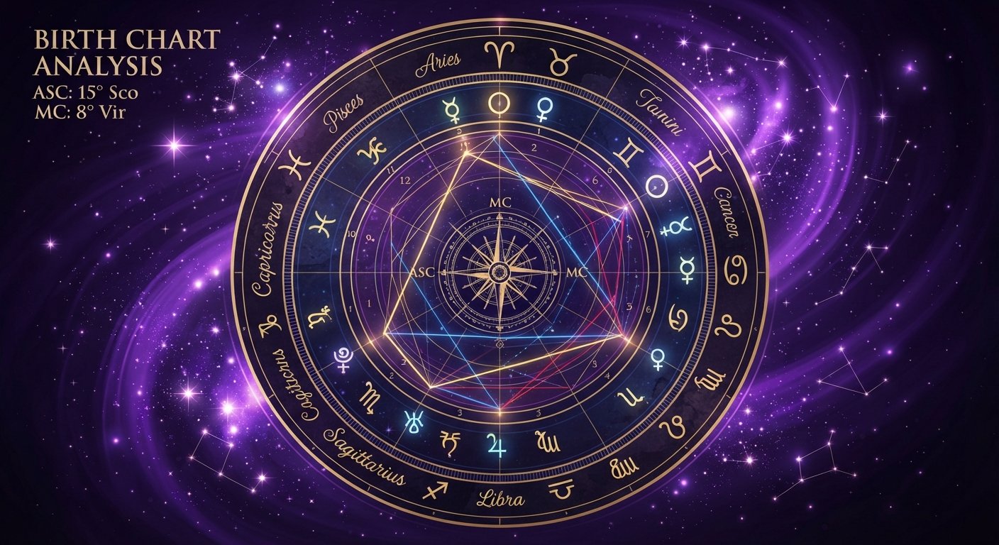 Détail astrologique : Thème natal : comment le lire quand on est débutant (guide pas à pas) — symboles du zodiaque et cosmos