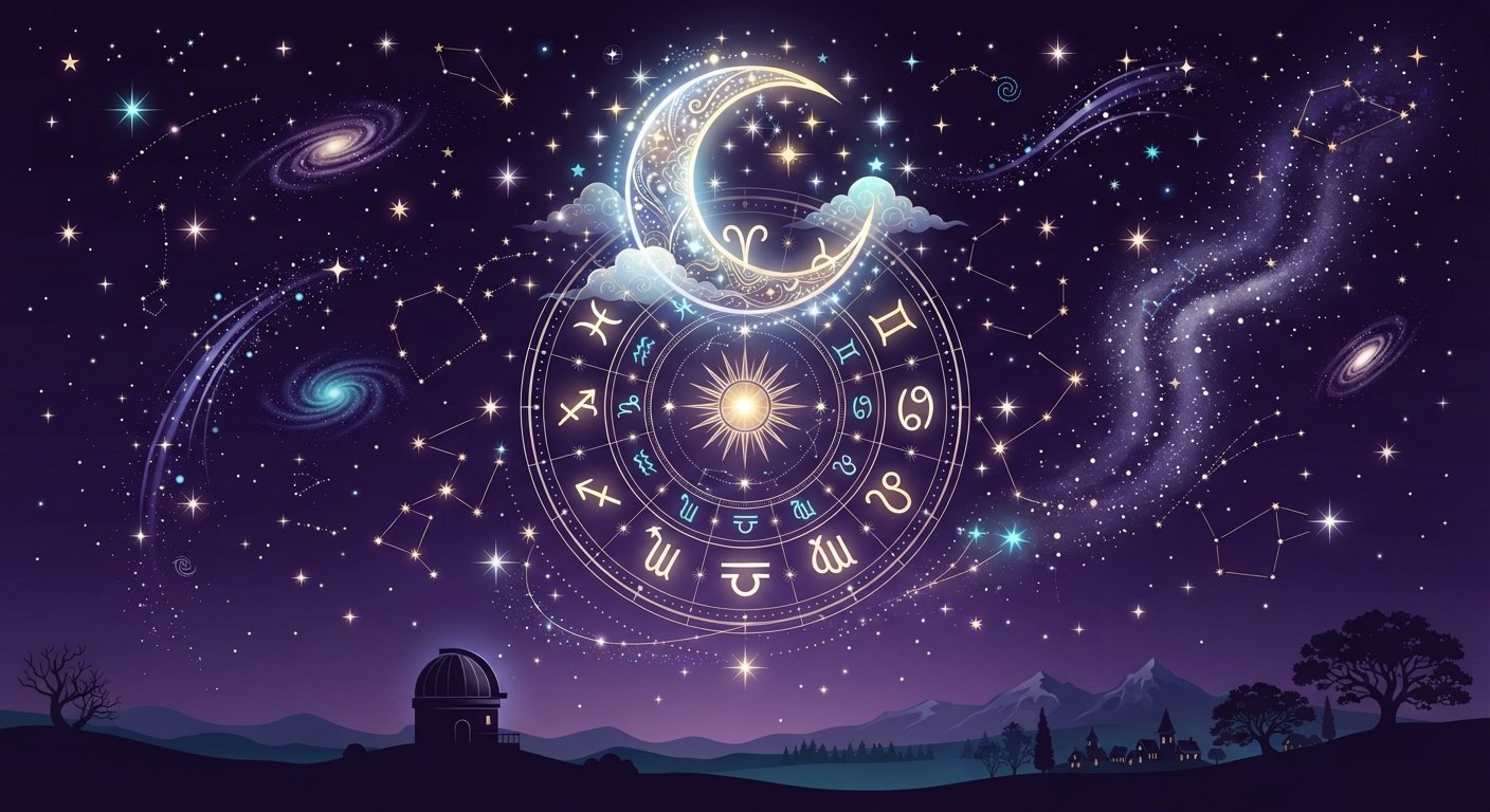 Illustration astrologique d'un ciel nocturne violet avec croissant de lune
