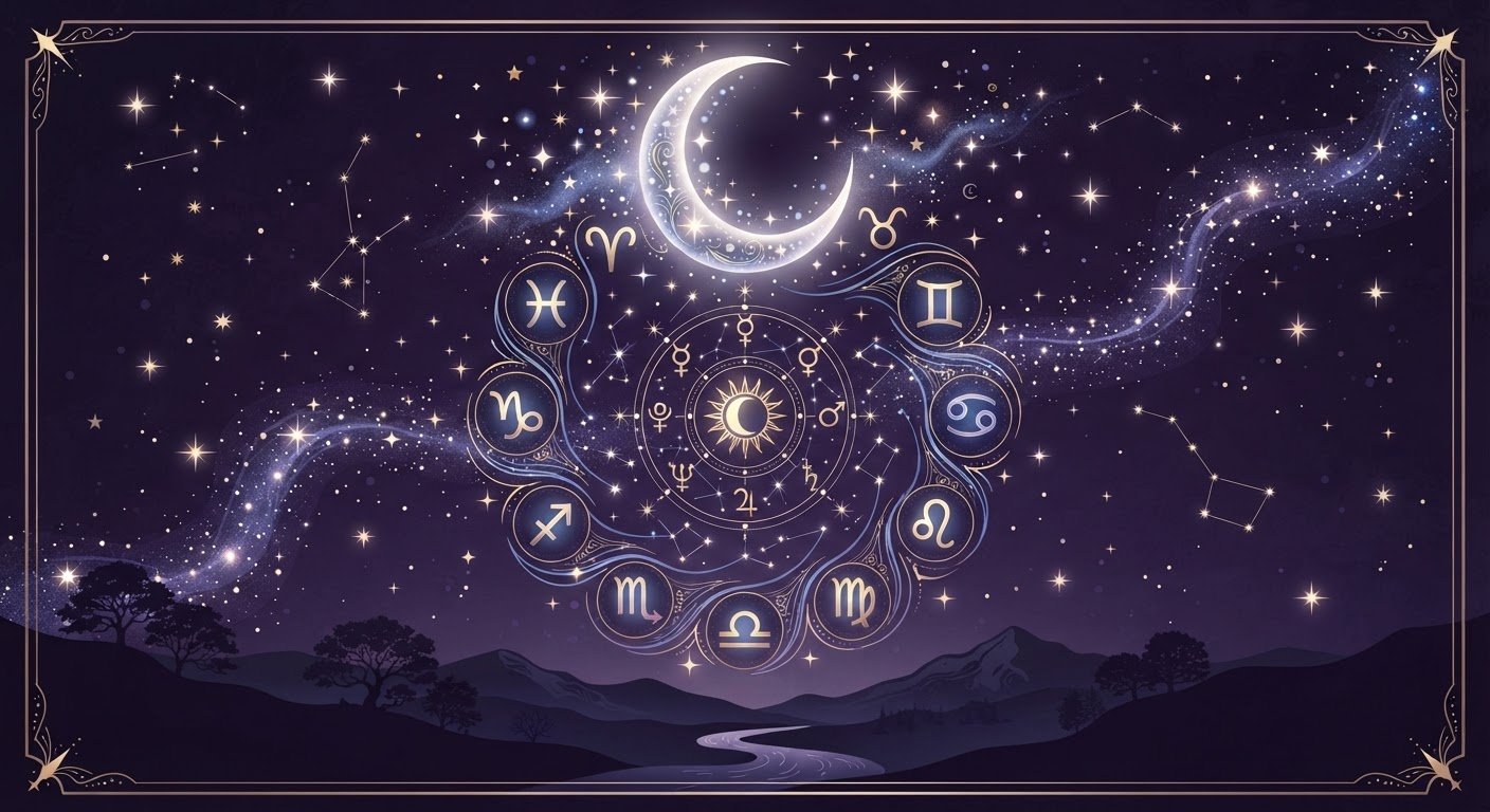 Illustration astrologique d'un ciel nocturne violet avec croissant de lune