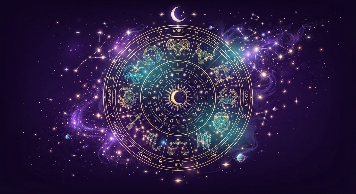 Détail zodiacal mystique sur fond de ciel étoilé violet