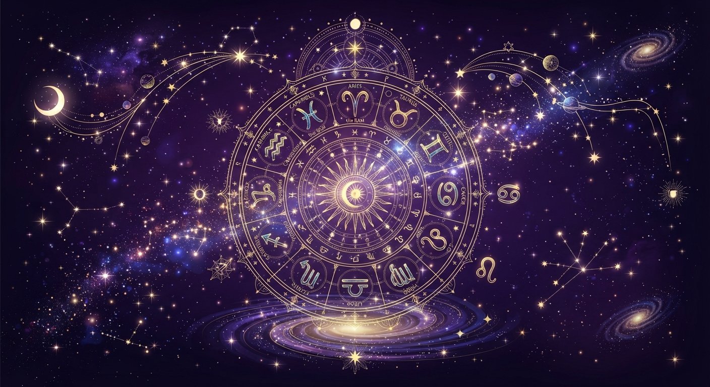 Détail zodiacal mystique sur fond de ciel étoilé violet