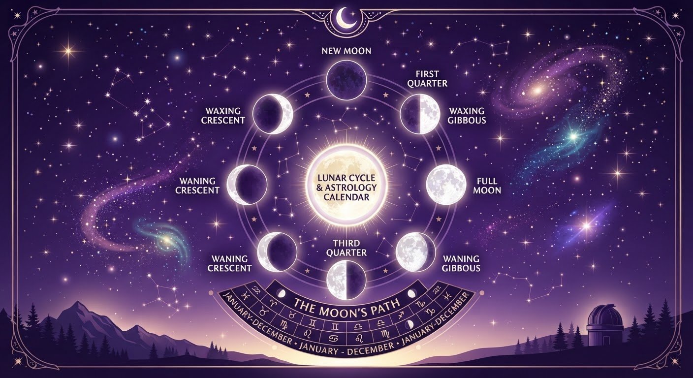 Phases de la lune sur fond de ciel étoilé violet