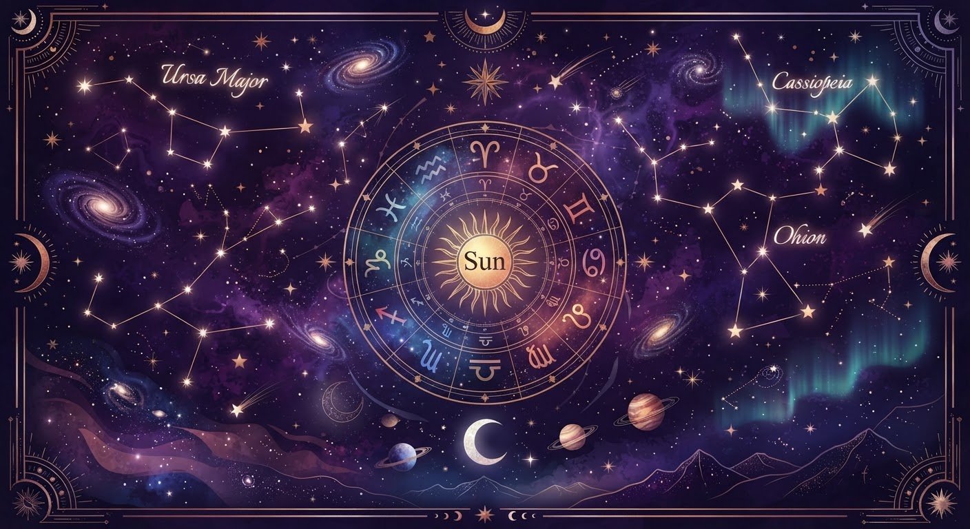 Constellation et symboles astrologiques sur fond cosmique