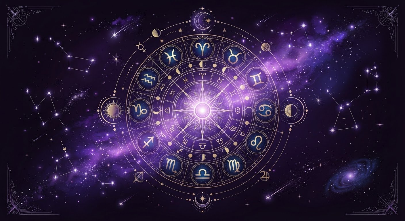 Constellation et symboles astrologiques sur fond cosmique