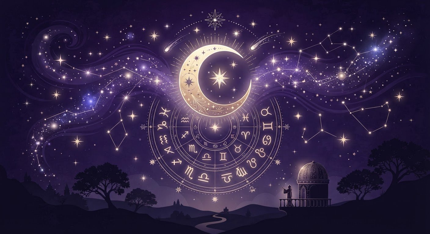 Illustration astrologique d'un ciel nocturne violet avec croissant de lune