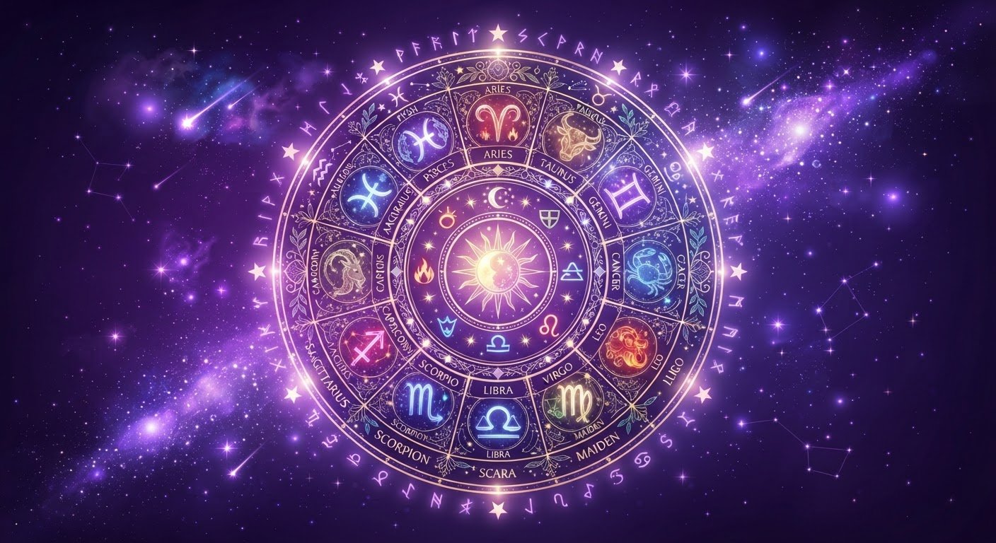 Détail des signes astrologiques dans un ciel étoilé violet