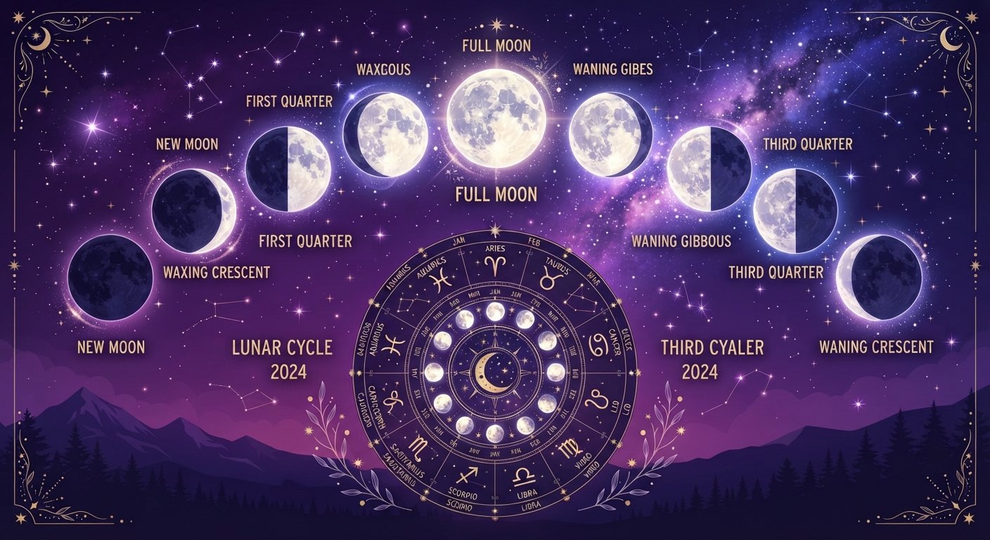 Phases de la lune sur fond de ciel étoilé violet