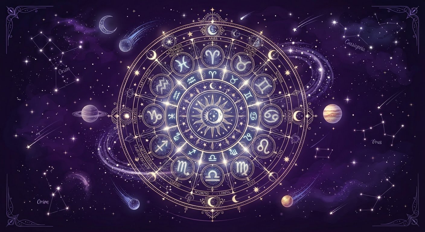 Détail zodiacal mystique sur fond de ciel étoilé violet