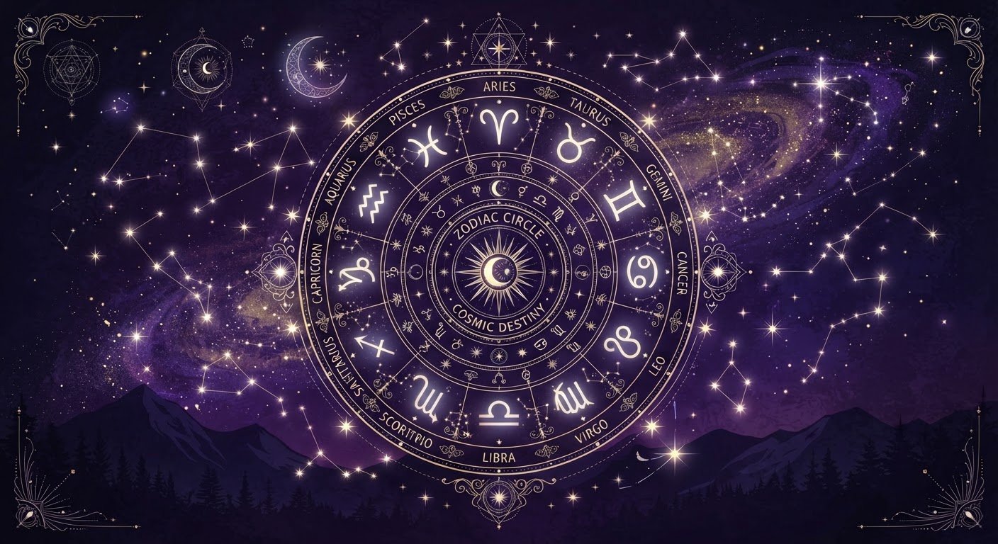 Détail zodiacal mystique sur fond de ciel étoilé violet