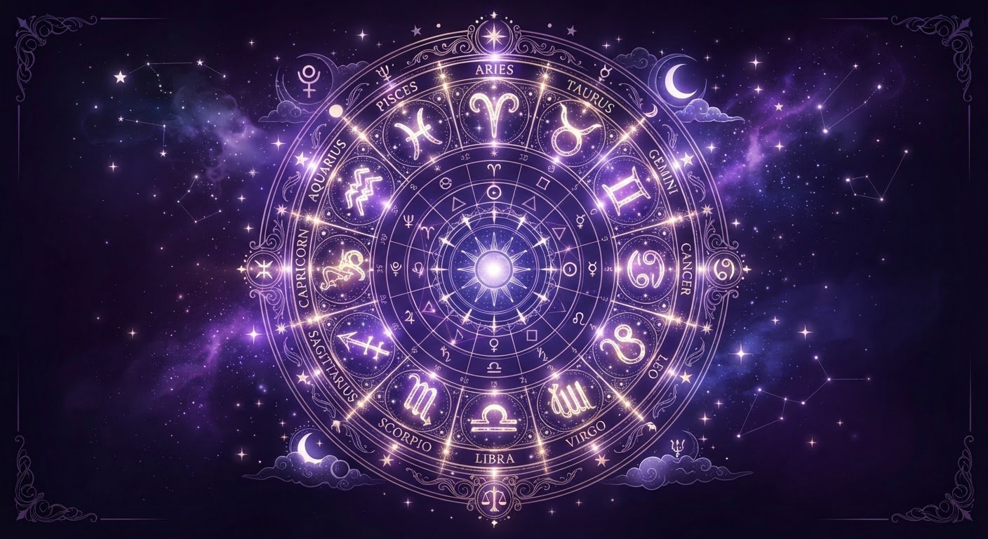Détail des signes astrologiques dans un ciel étoilé violet