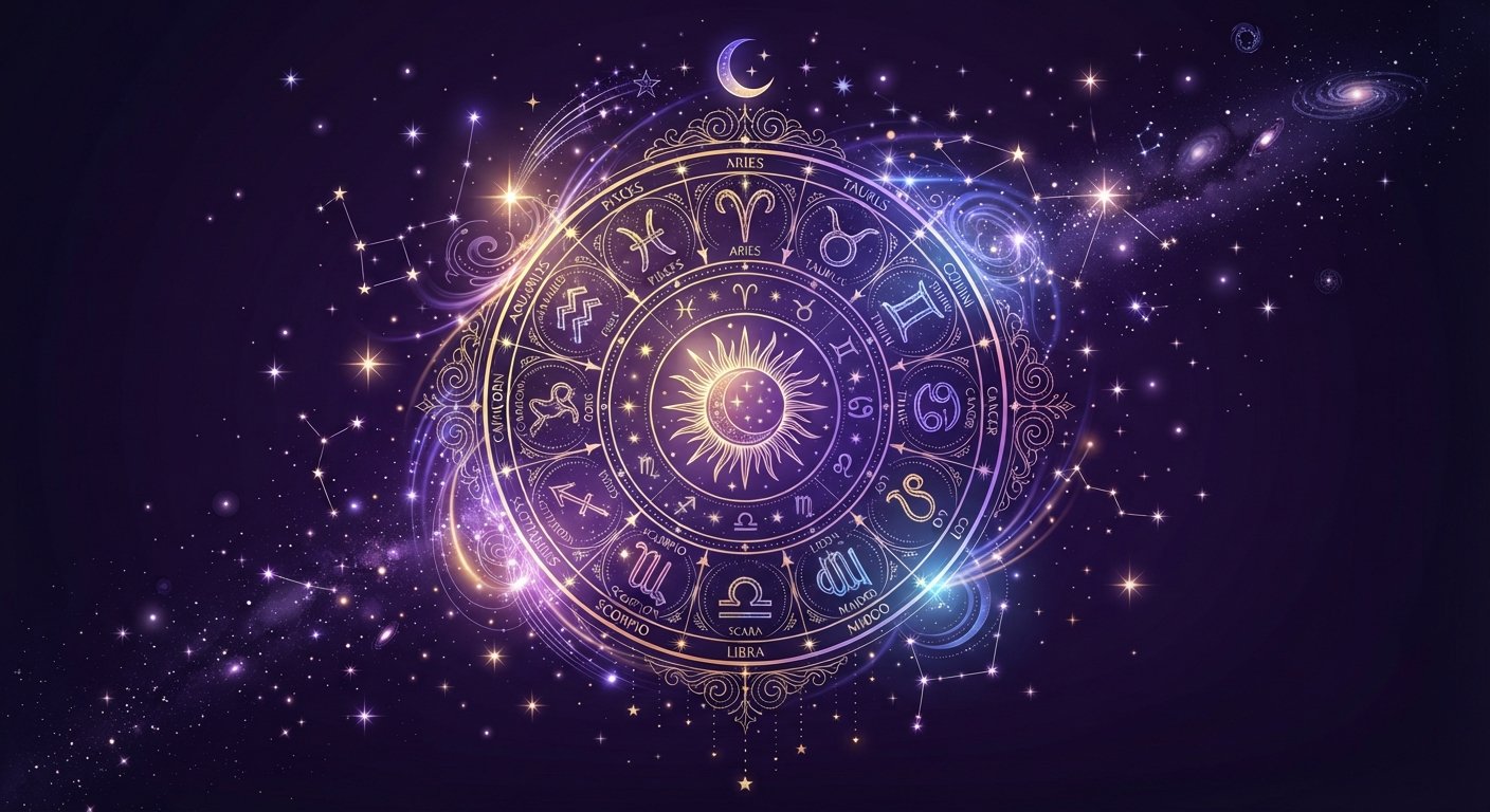 Détail zodiacal mystique sur fond de ciel étoilé violet