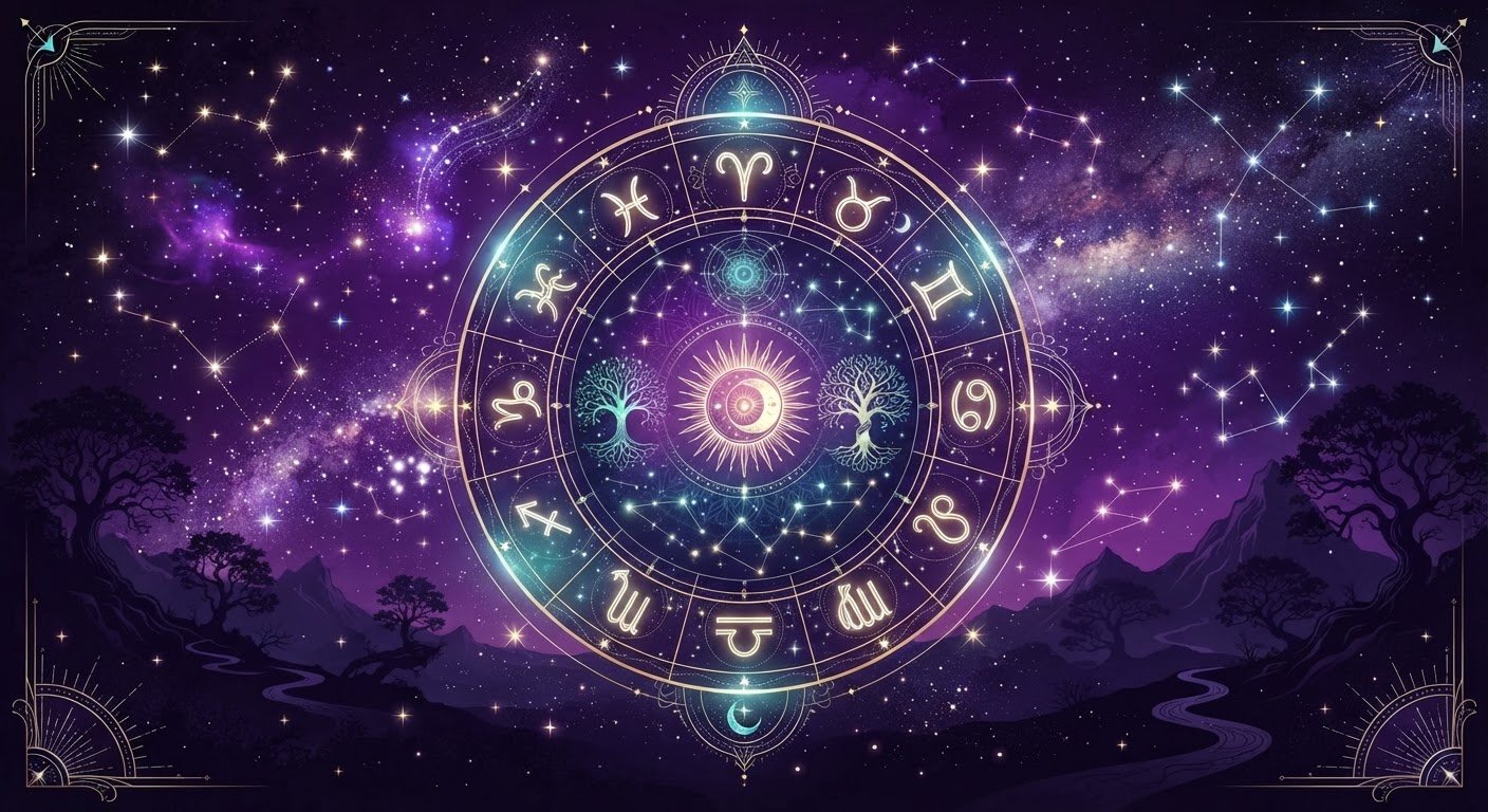 Constellation mystique sur fond cosmique violet