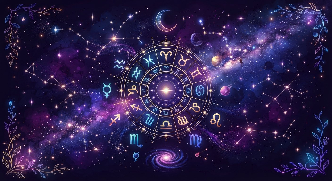 Constellation et symboles astrologiques sur fond cosmique