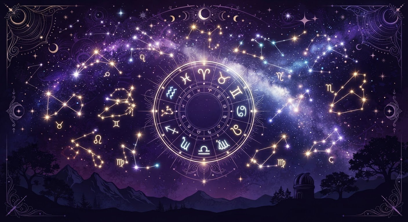 Constellation mystique sur fond cosmique violet