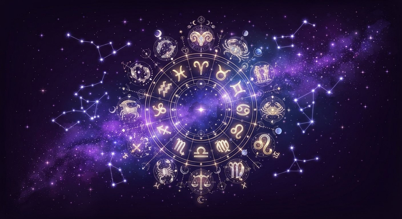 Constellation et symboles astrologiques sur fond cosmique