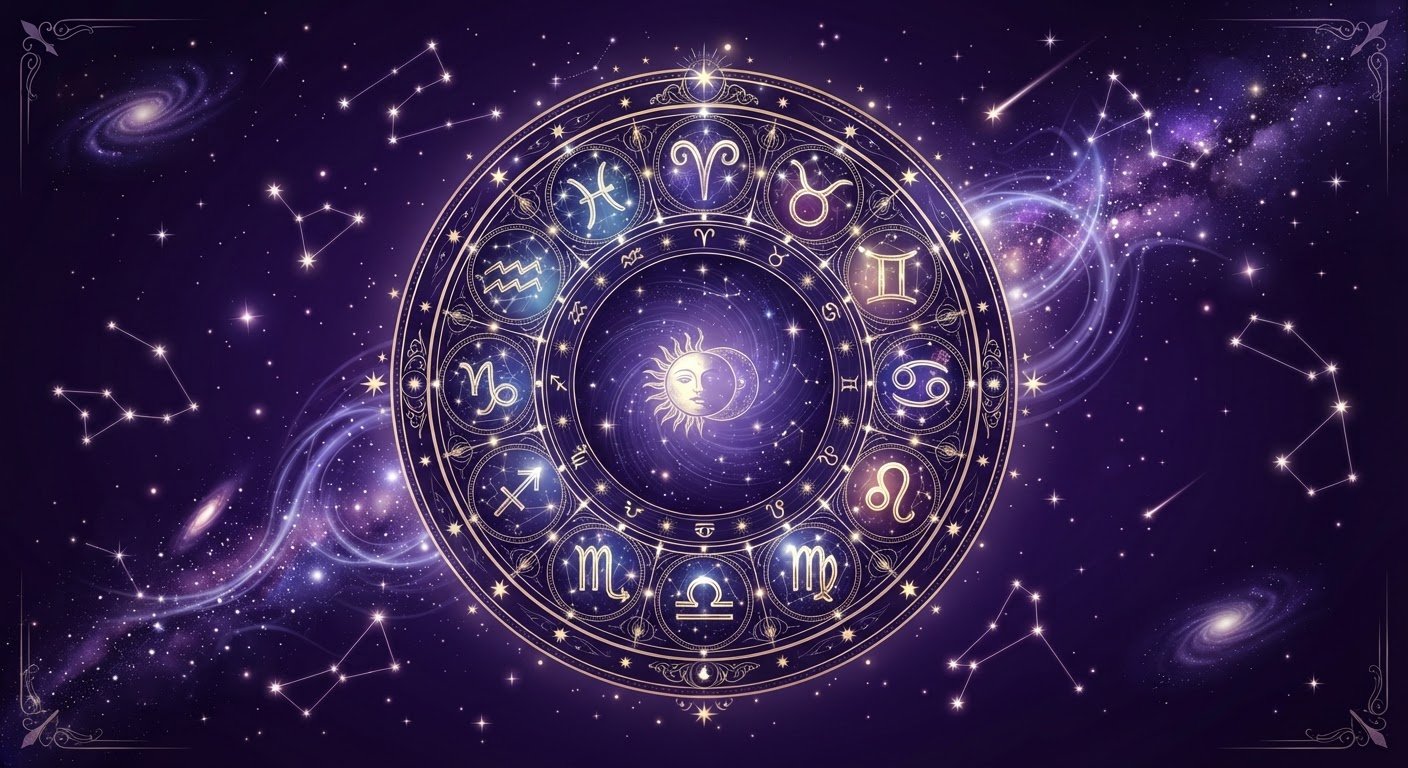 Détail zodiacal mystique sur fond de ciel étoilé violet