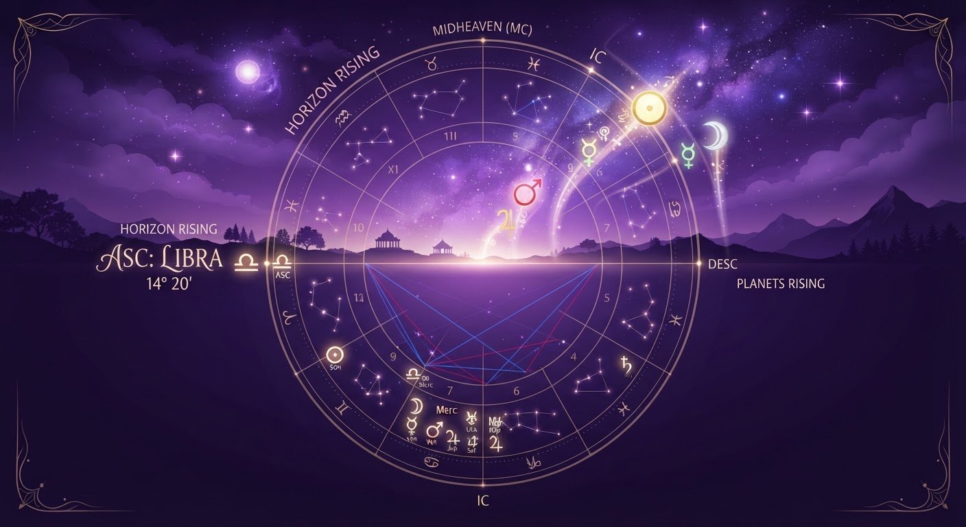 Carte du ciel détaillée montrant l'ascendant et les maisons