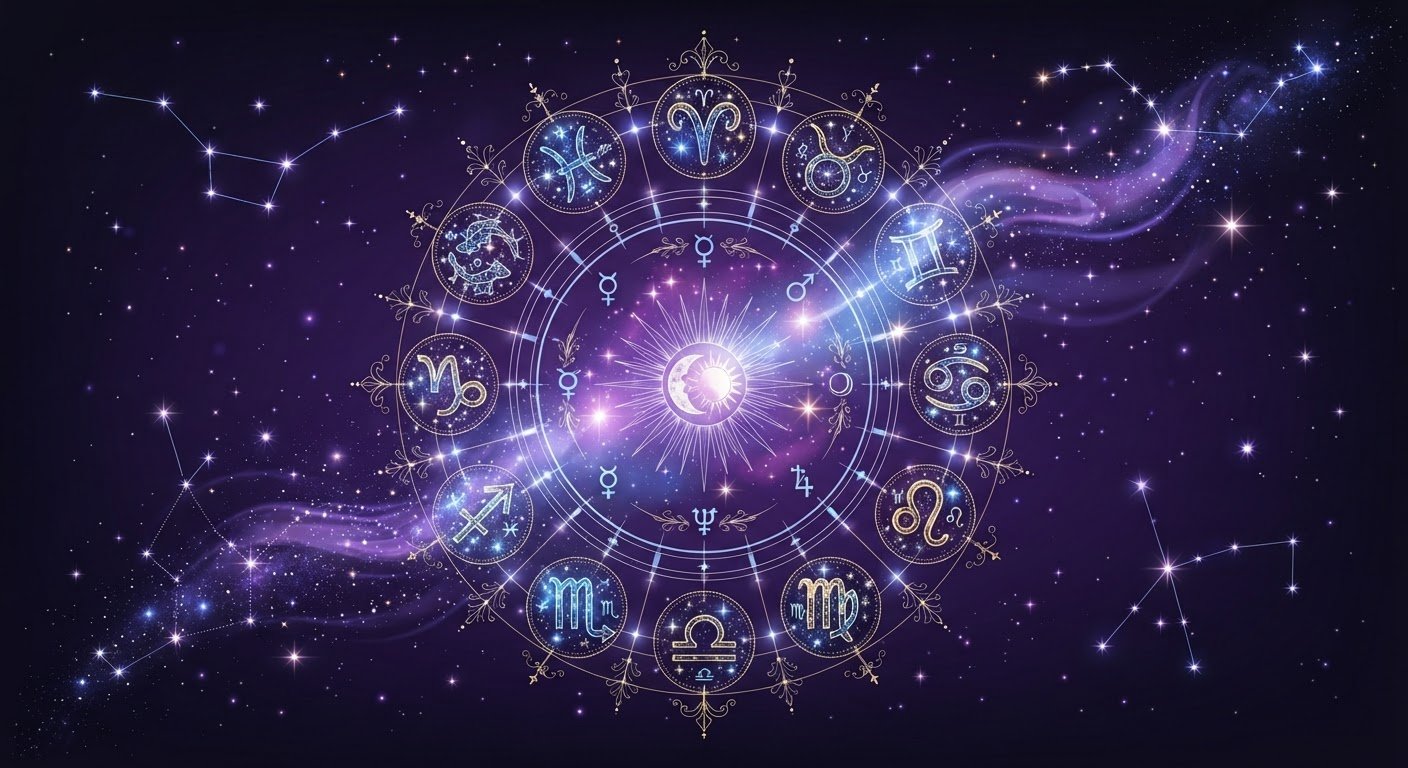 Constellation et symboles astrologiques sur fond cosmique