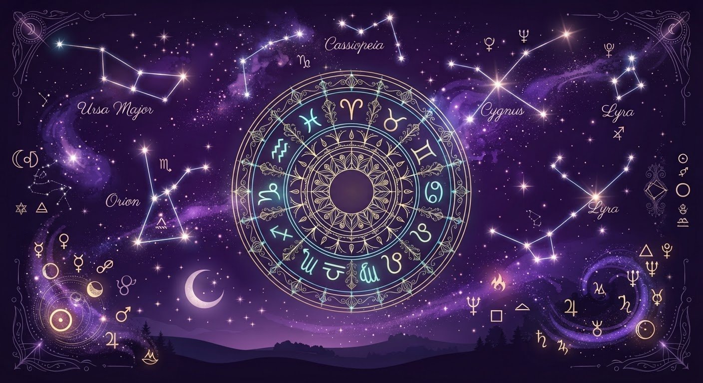 Symboles astrologiques et horizon cosmique violet