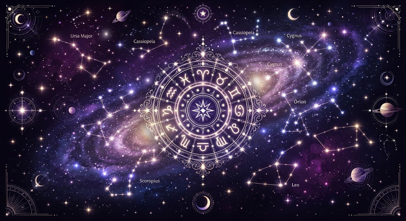 Symboles astrologiques et horizon cosmique violet